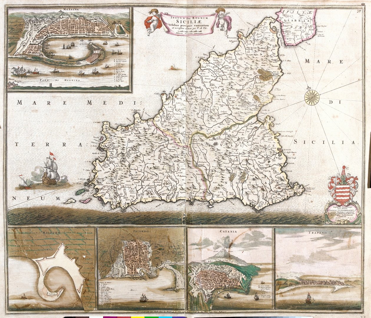 Kaart van het Koninkrijk Sicilië (Italië), met stadsgezichten van Messina, Milazzo, Palermo, Catania en Trapano door Frederick de Wit