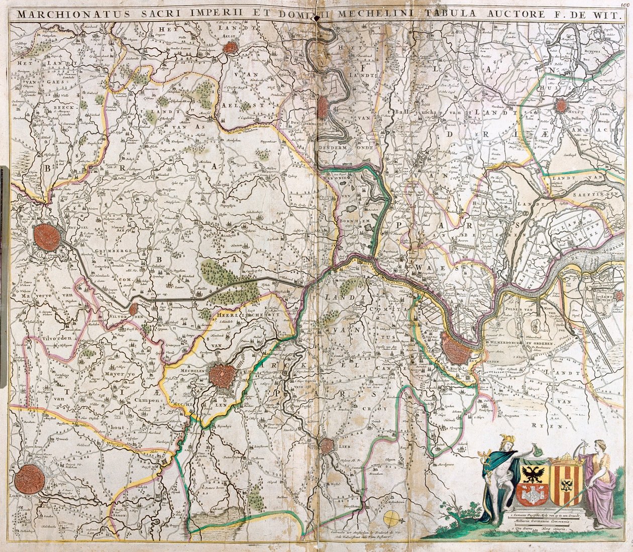 Kaart van de Markizaten van het Heilige Roomse Rijk en de Heerlijkheid Mechelen (Nederland) (ets) door Frederick de Wit