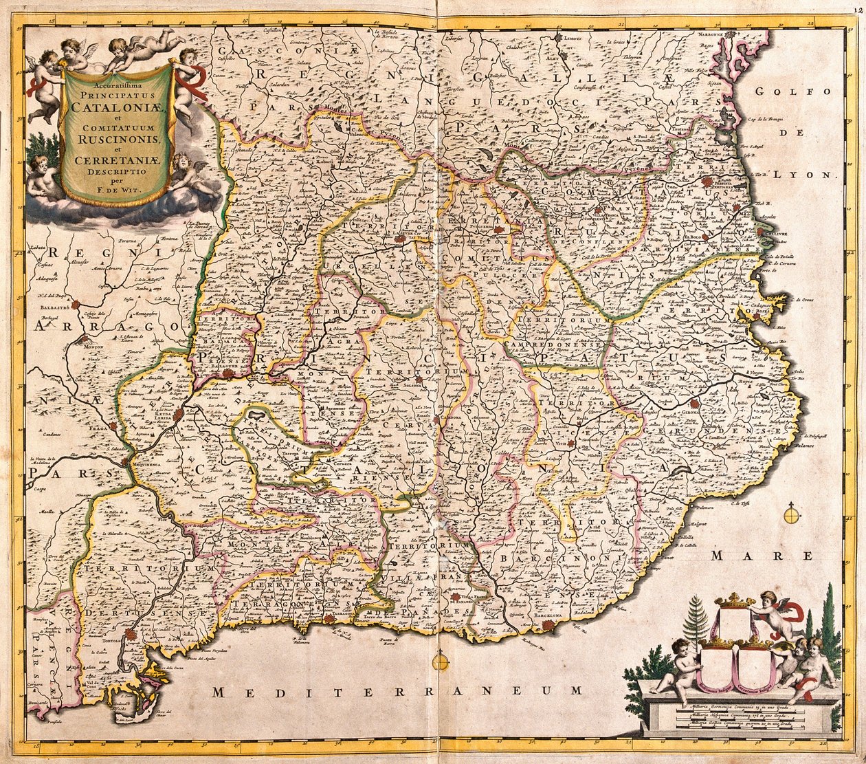 Kaart van het Vorstendom Catalonië (Spanje) (ets) door Frederick de Wit
