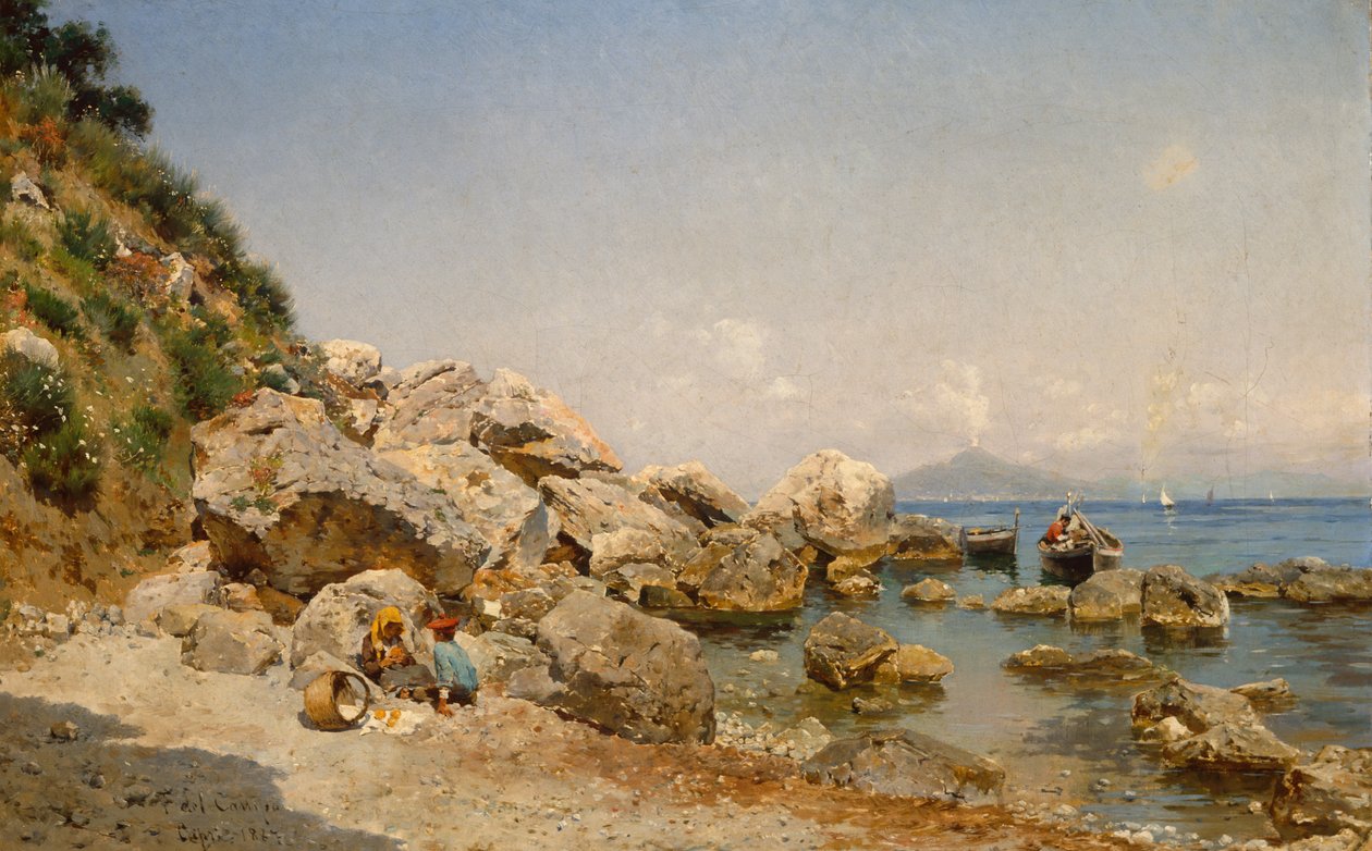 Op het strand, Capri met Vesuvius op de achtergrond door Frederico del Campo