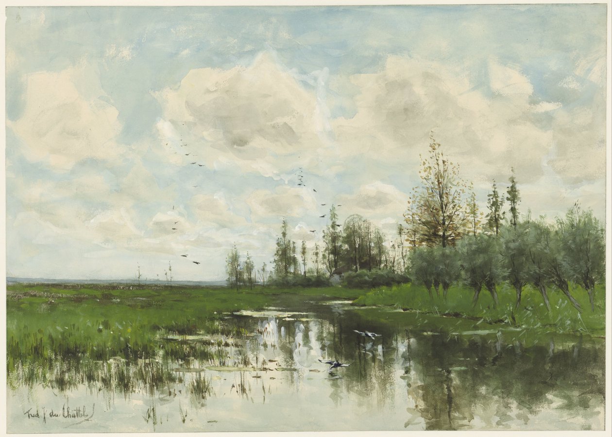Poel met bomen en weiland door Fredericus Jacobus van Rossum du Chattel