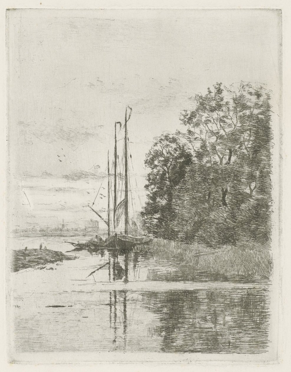 Riviergezicht met twee schepen en een schuit door Fredericus Jacobus van Rossum du Chattel (signed by artist)