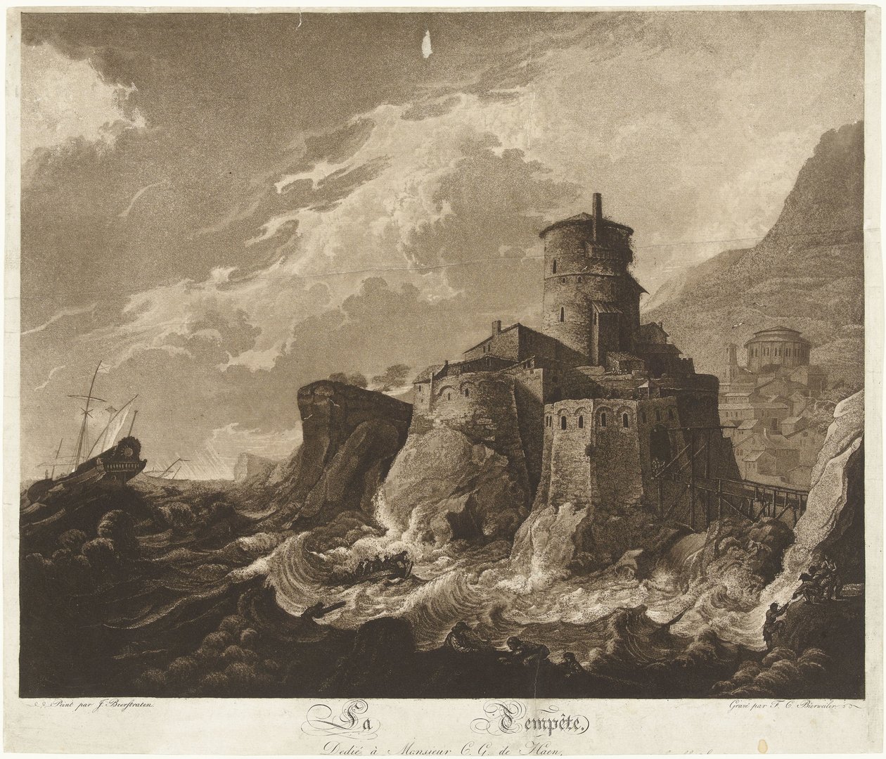 Kasteel op rotskust en schepen in storm op zee door Frederik Christiaan Bierweiler