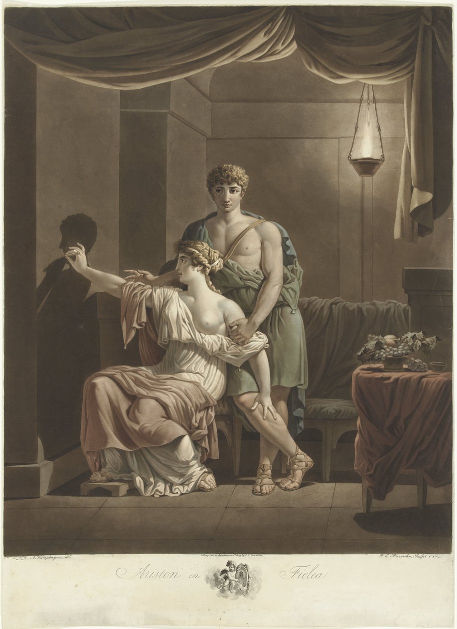Philea tekent het portret van haar geliefde Ariston met behulp van schaduw van zijn profiel op muur door Frederik Christiaan Bierweiler