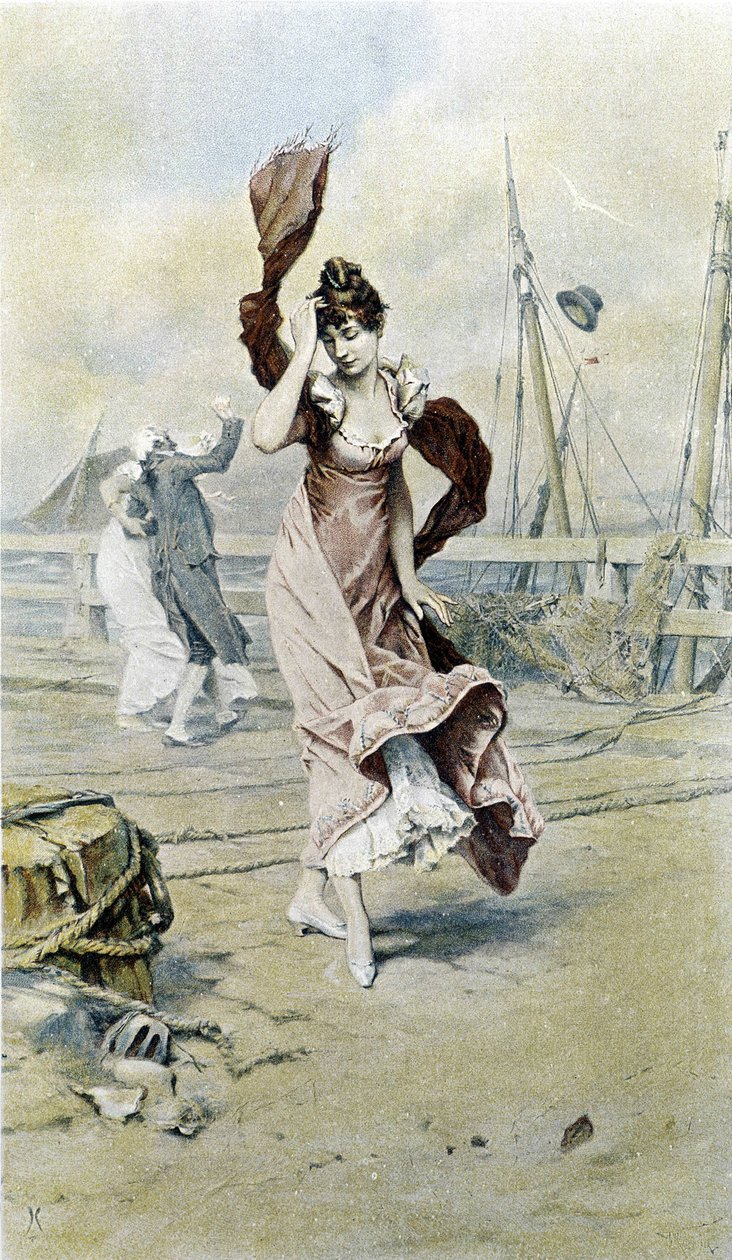 Vrouw aan de kust - allegorie van het vroege voorjaar, kalender geïllustreerd door Hubert Dys, geschilderd door F.H. Kaemmerer door Frederik Hendrik Kaemmerer