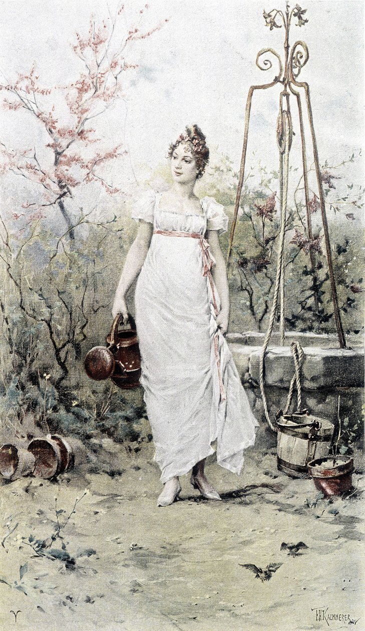 Vrouw terugkerend van een bron - allegorie van de lente, kalender geïllustreerd door Hubert Dys, geschilderd door F.H. Kaemmerer door Frederik Hendrik Kaemmerer