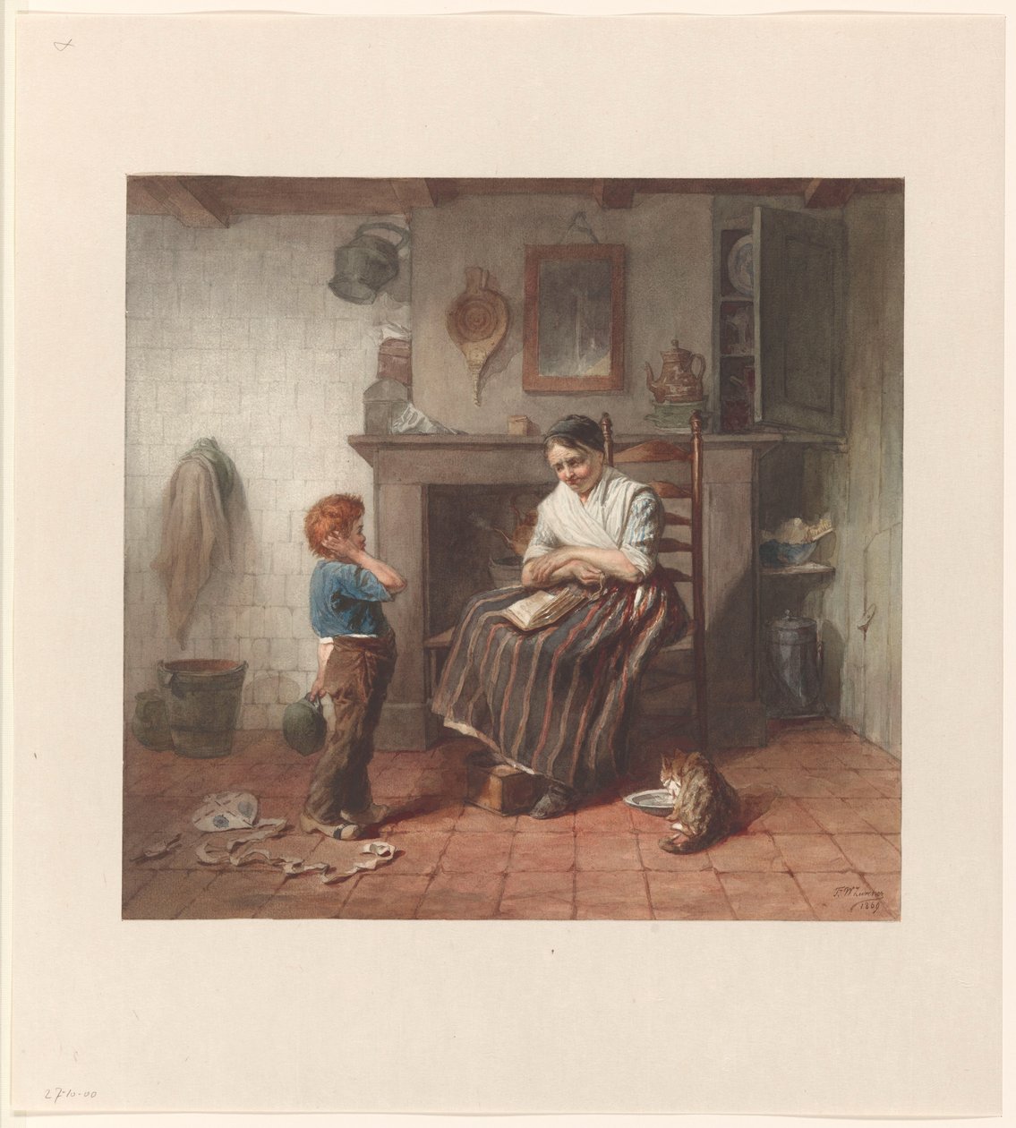 Interieur met een jongetje, een vlieger en een vrouw door Frederik Willem Zürcher