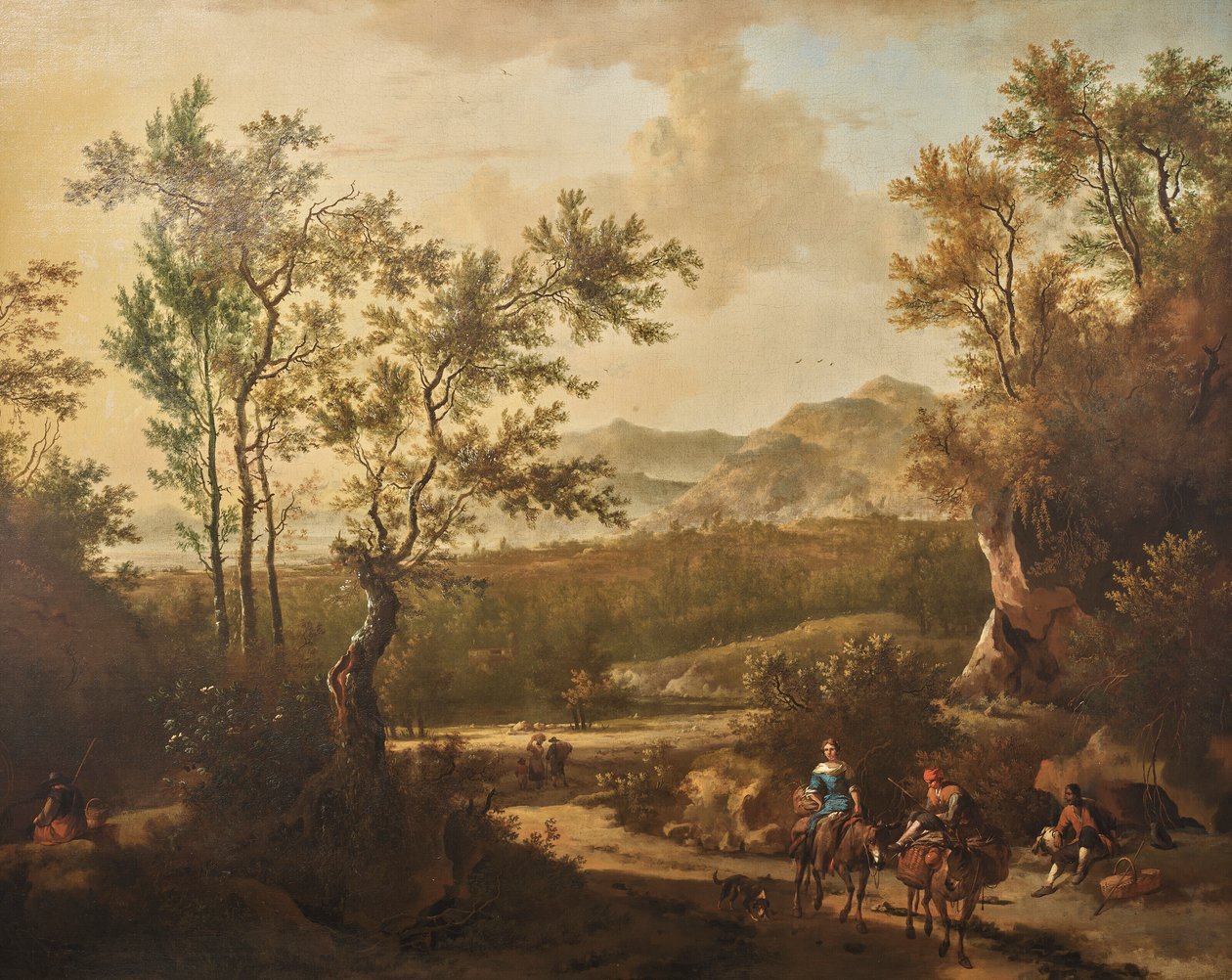 Een Italiaans landschap met renners op een landweggetje door Frederik de Moucheron