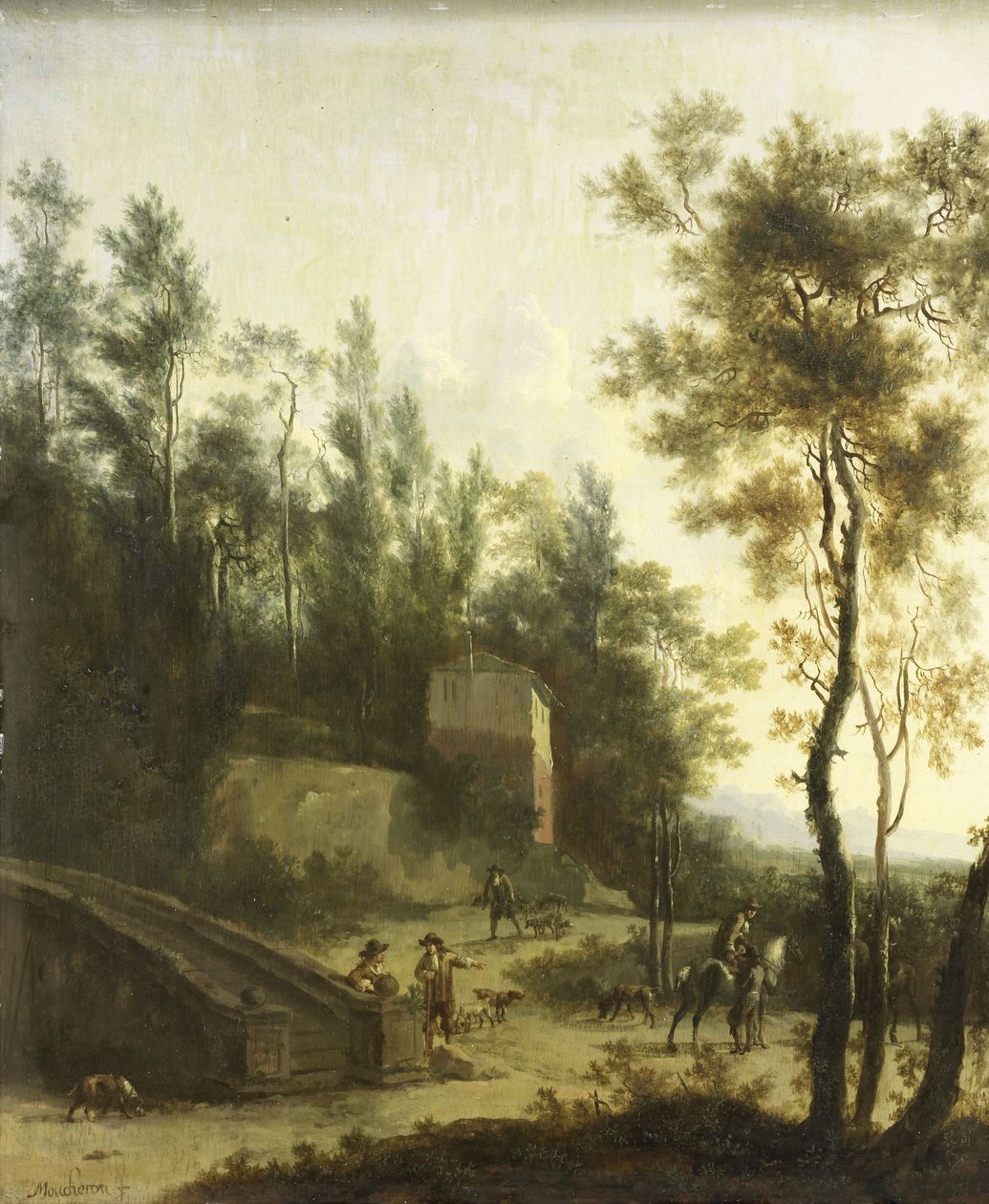 Italiaans landschap met jagers door Frederik de Moucheron