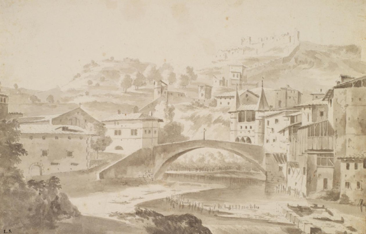 Vienne, nabij Lyon. Pont Saint-Martin over de rivier Gére. Links Prieuré de Saint-Martin, rechts Porte de la Rochette en kasteel Pipet door Frederik de Moucheron