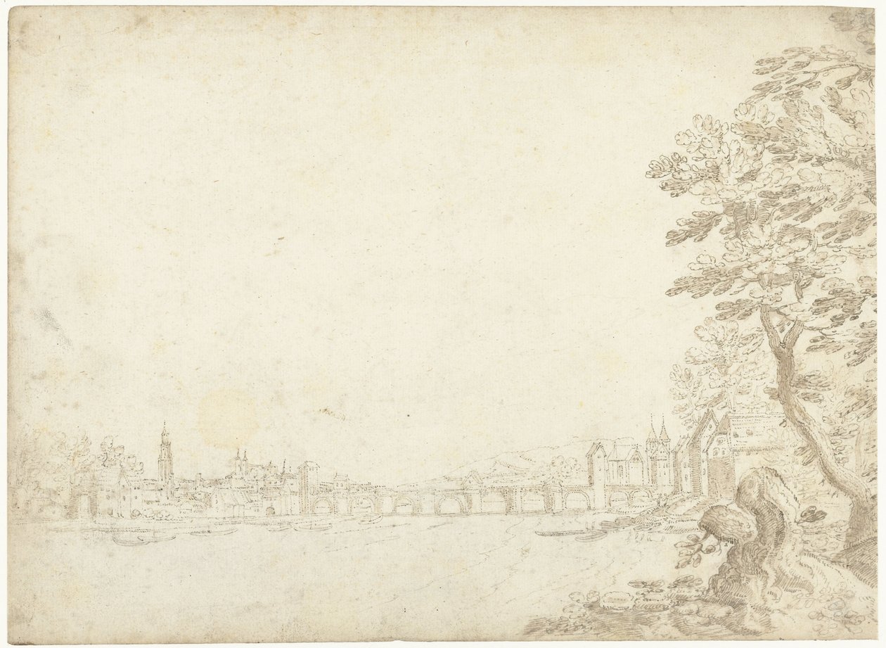 Gezicht op een stad aan een rivier (de Donau?) door Frederik van Valckenborch