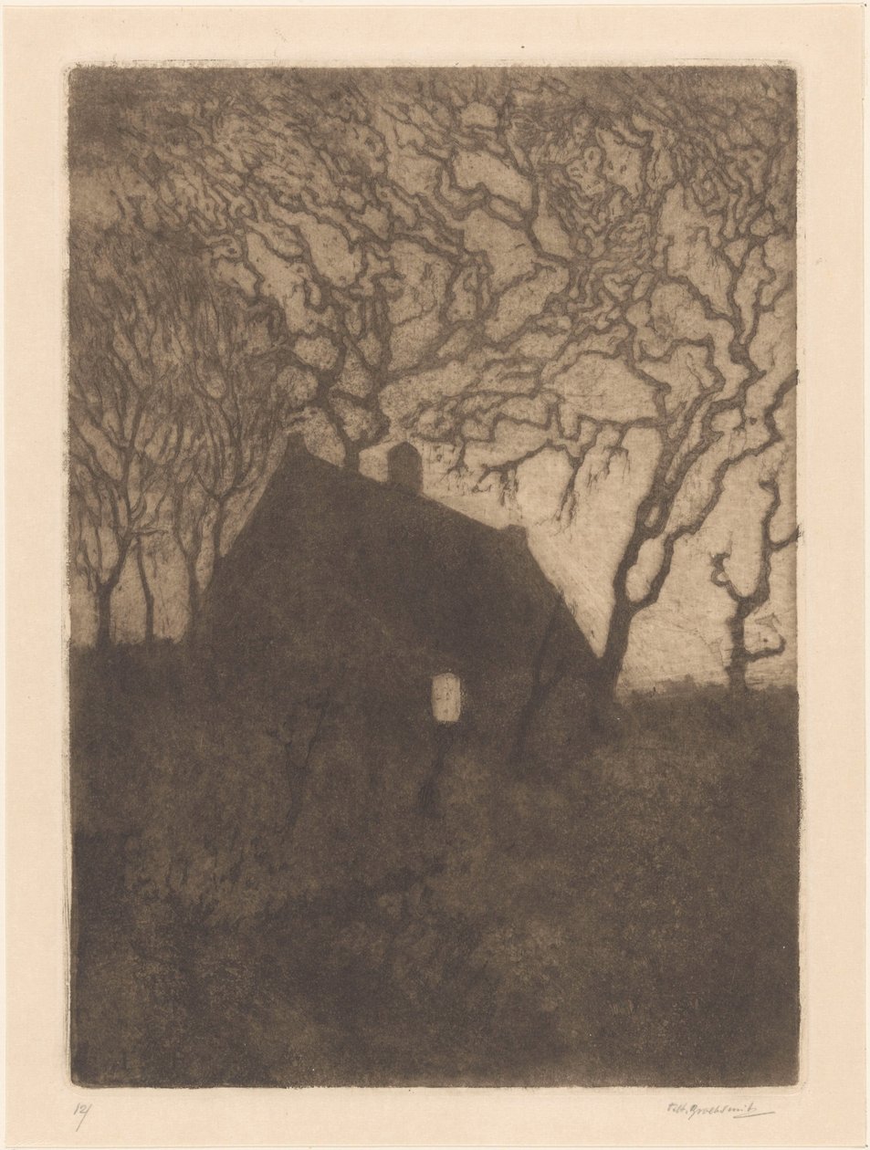 Huis bij avond door Frederika Henriëtte Broeksmit (signed by artist)