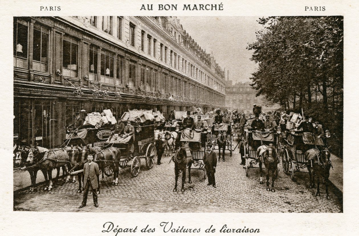 Vertrek van bezorgwagens van de Bon Marché Warenhuizen, Parijs, ca. 1890 door French Photographer