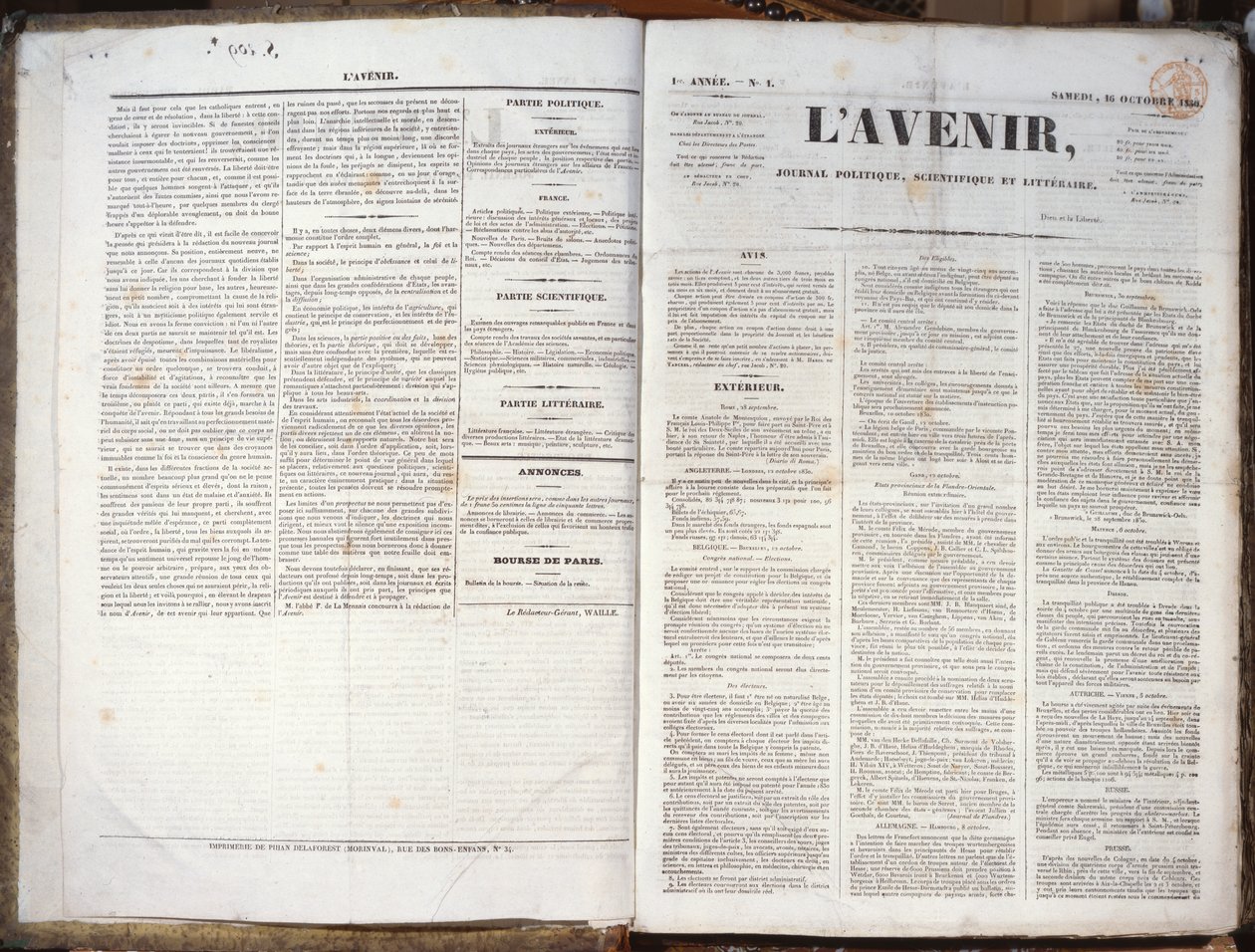 Eerste uitgave van het tijdschrift LAvenir, 16 november 1830 door French School