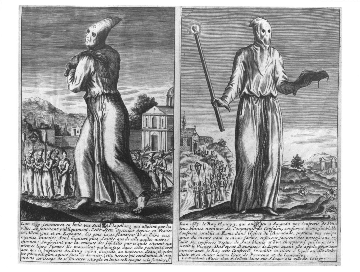 Een Flagellant Meester leidt zijn volgelingen door een stad, uit 