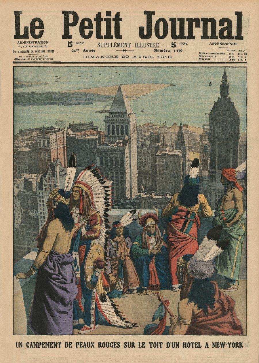 Een kamp van Indianen op het dak van een hotel in New York, voorpagina illustratie uit 