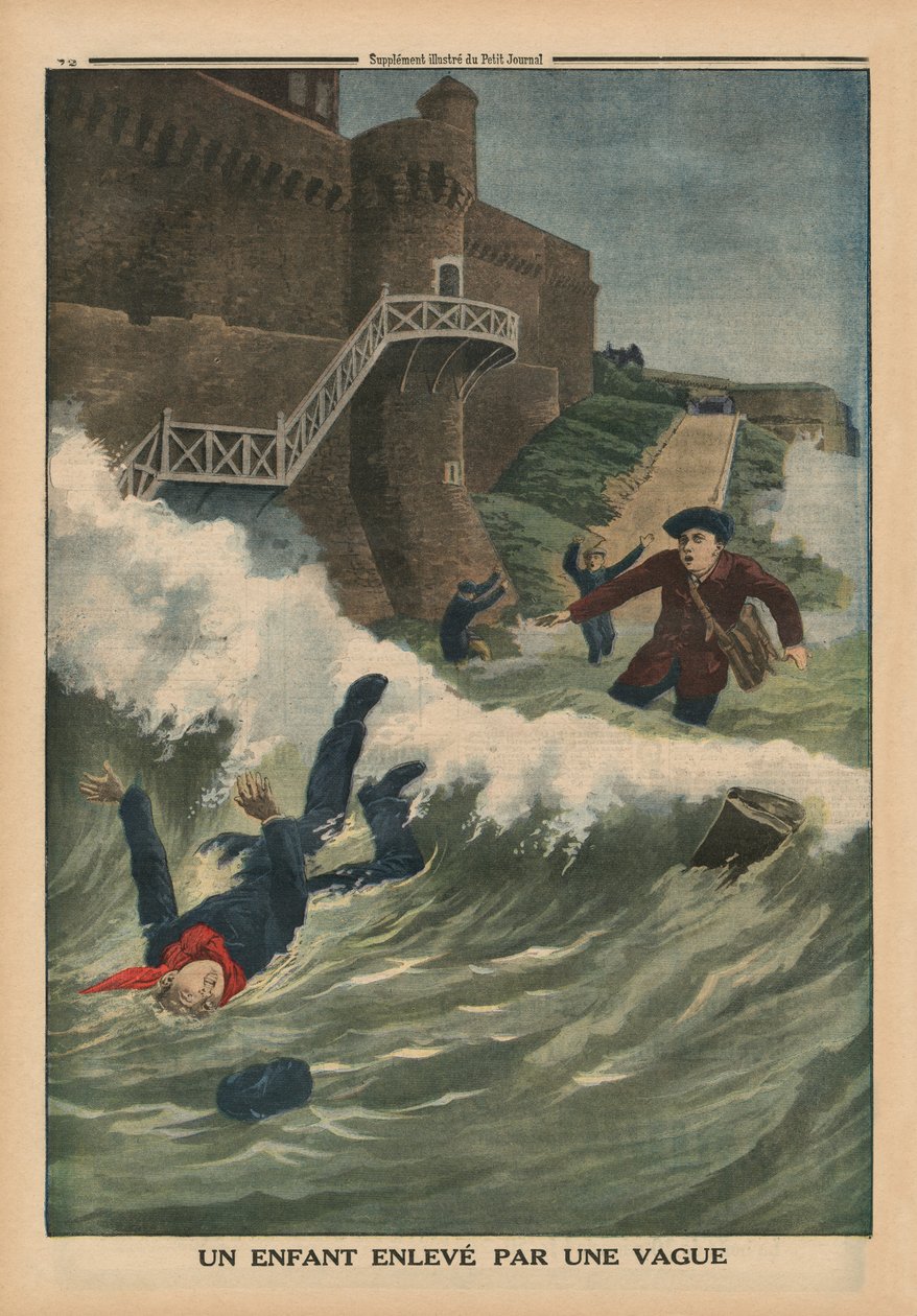 Een kind meegenomen door een golf, Saint-Malo, achteromslag illustratie uit 