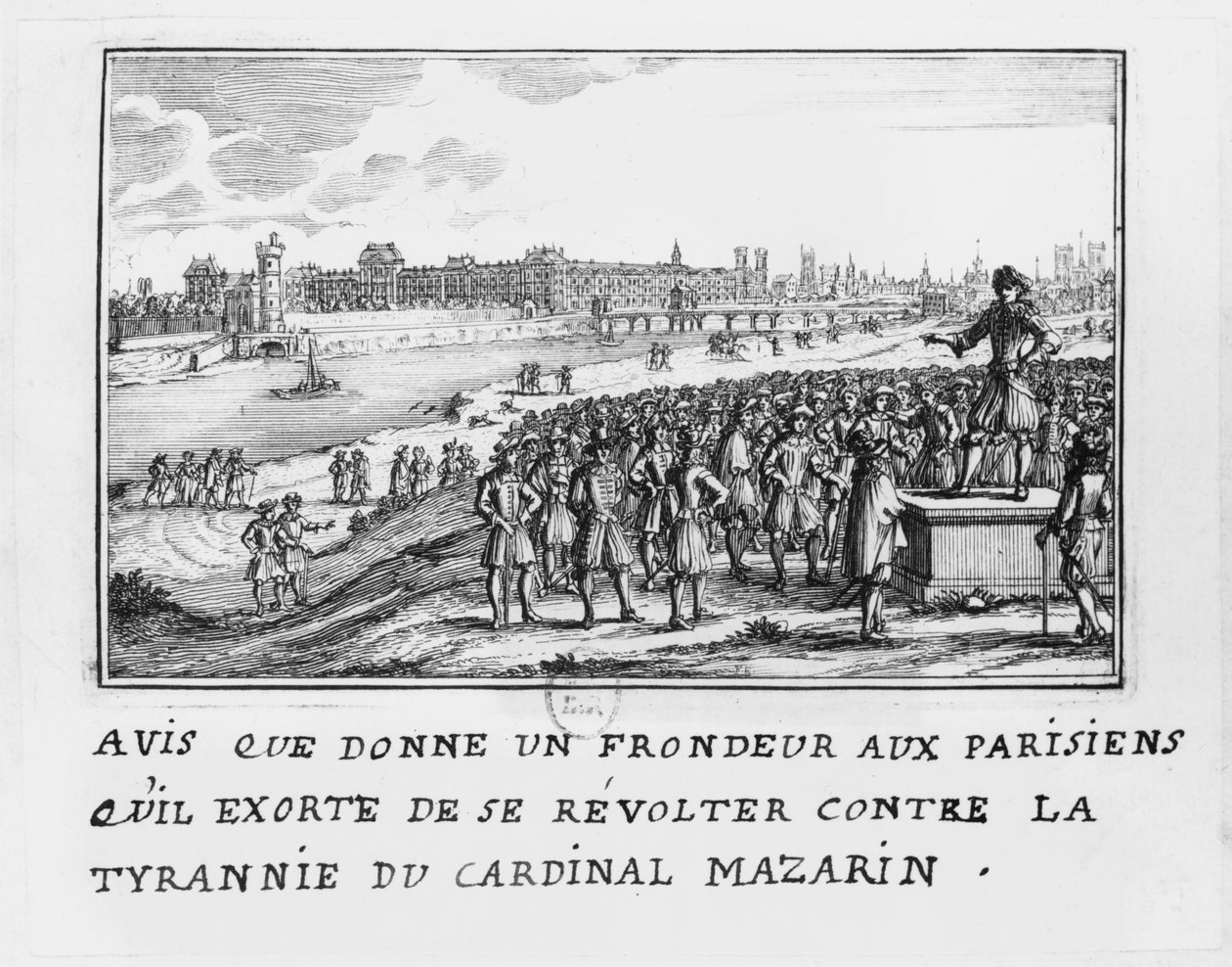 Een man van de Fronde die de Parijzenaars aanspoort om op te staan tegen de tirannie van kardinaal Mazarin op 6 januari 1649 door French School