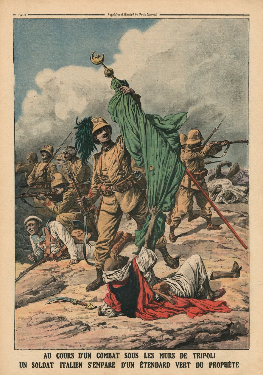 Een Italiaanse soldaat grijpt de groene standaard van profeet Mohammed, illustratie uit 