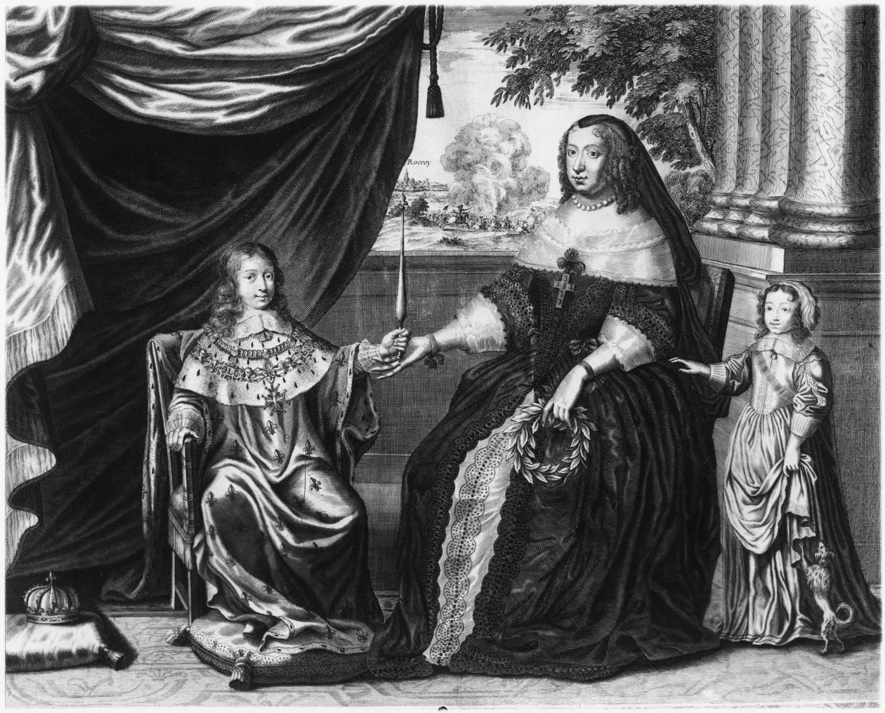 Anna van Oostenrijk, koningin van Frankrijk en Navarra, en haar zonen, Dauphin Lodewijk van Frankrijk, toekomstige Lodewijk XIV, en Filips I, hertog van Orléans, 1643 door French School
