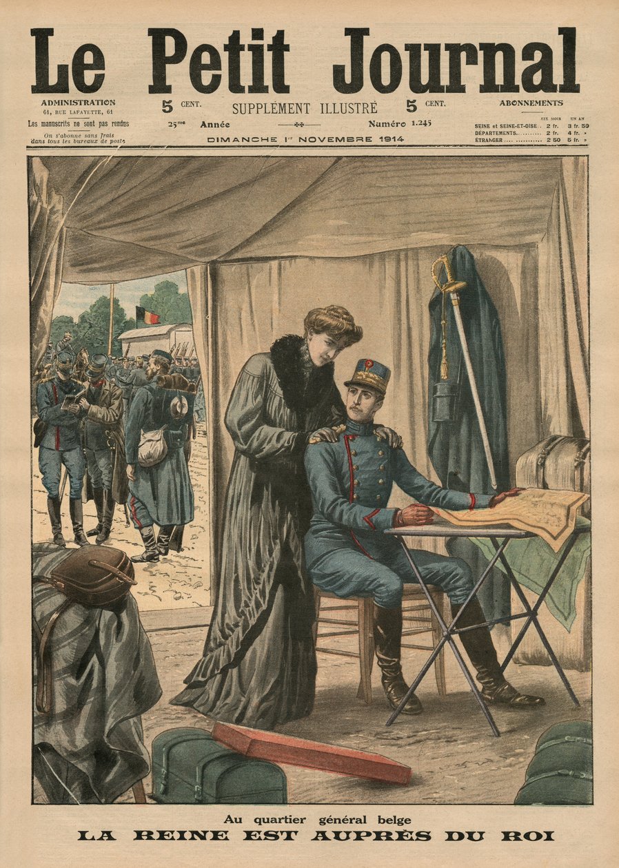 Bij het Belgische hoofdkwartier, de koningin blijft bij de koning, voorpagina illustratie van 