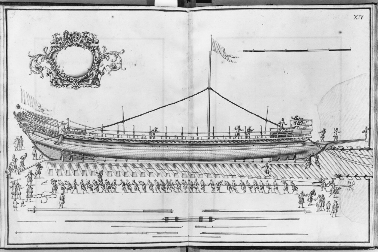 Bouw, uitrusting en tewaterlating van een galei, plaat XIV door French School