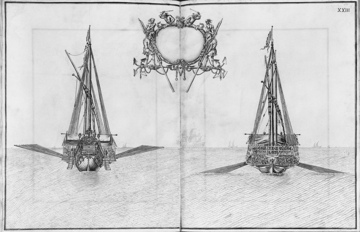 Bouwen, uitrusten en lanceren van een galei, plaat XXIII door French School