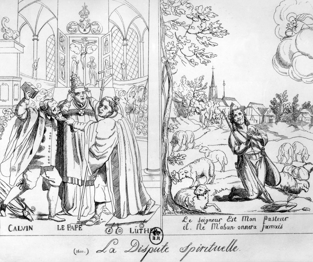 Karikatuur van een Spirituele Dispuut tussen Paus Leo X, Maarten Luther en Johannes Calvijn, 1838 door French School