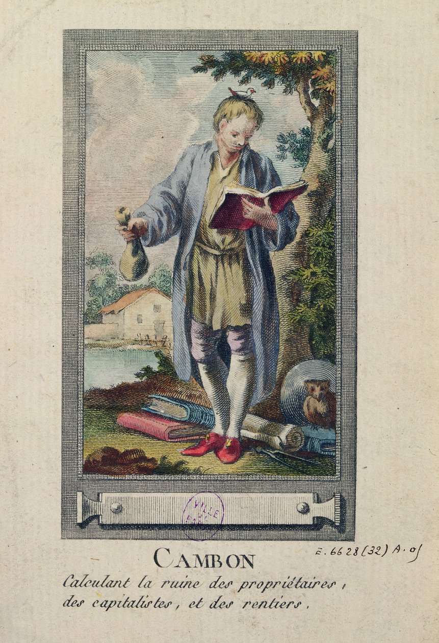 Karikatuur van Cambon die de ondergang van de eigenaars, de kapitalisten en de renteniers berekent door French School