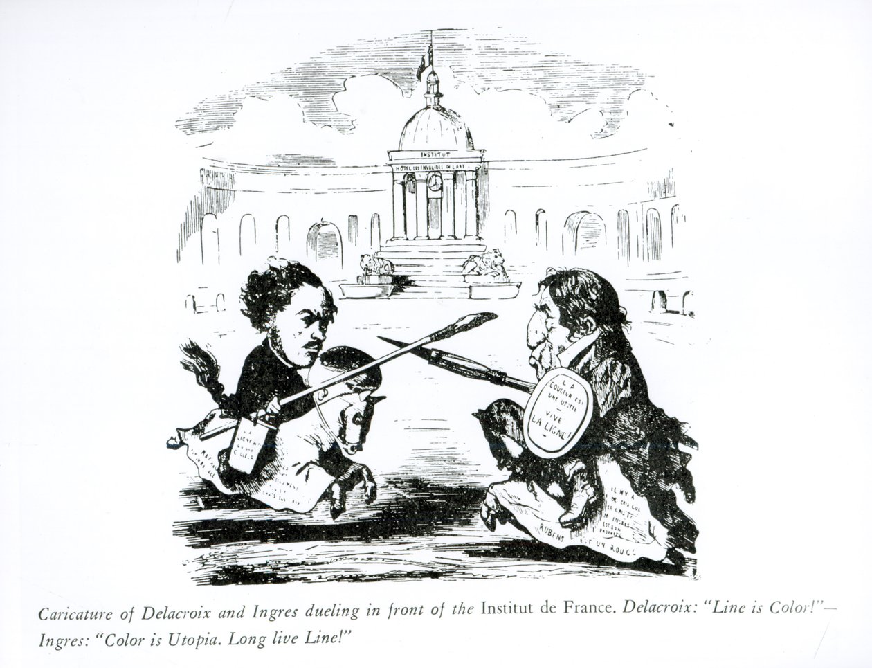 Karikatuur van Delacroix en Ingres die Dueleren voor het Institut de France, c.1828 door French School