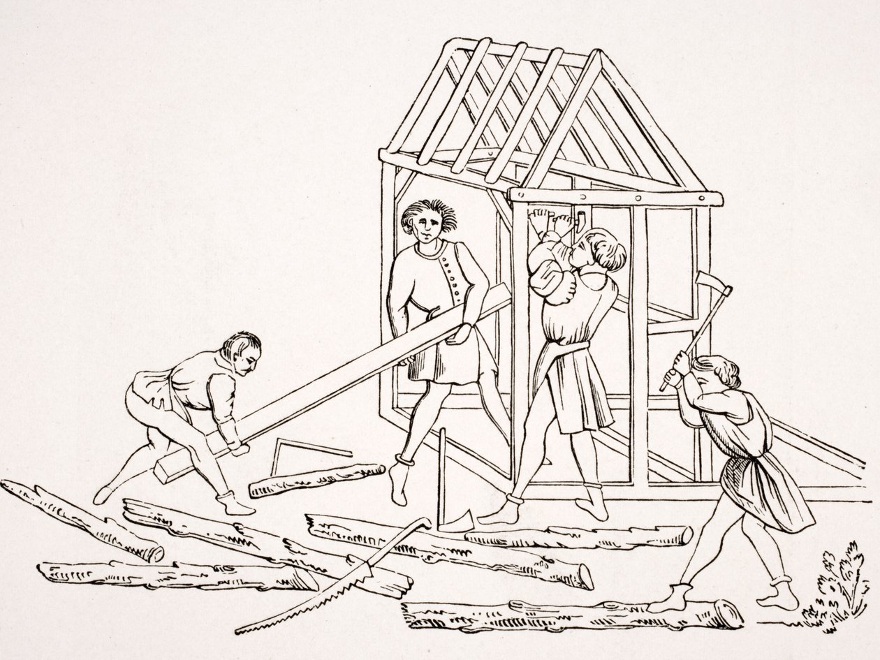Timmerlieden, naar een miniatuur in een 15e-eeuws manuscript, 