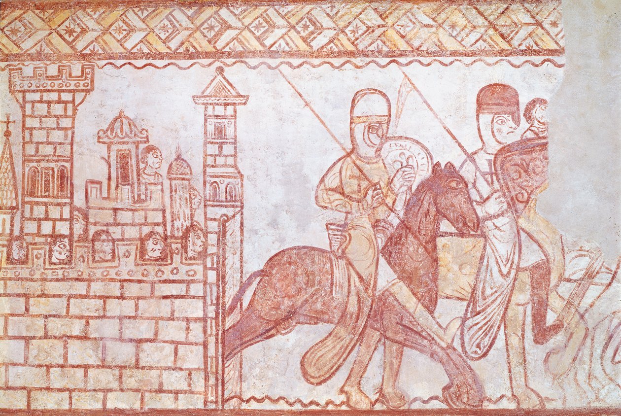 Vertrek van de Kruisvaarders in 1163 van het Syrische kasteel Krak des Chevaliers voor de Slag bij Bocquée door French School