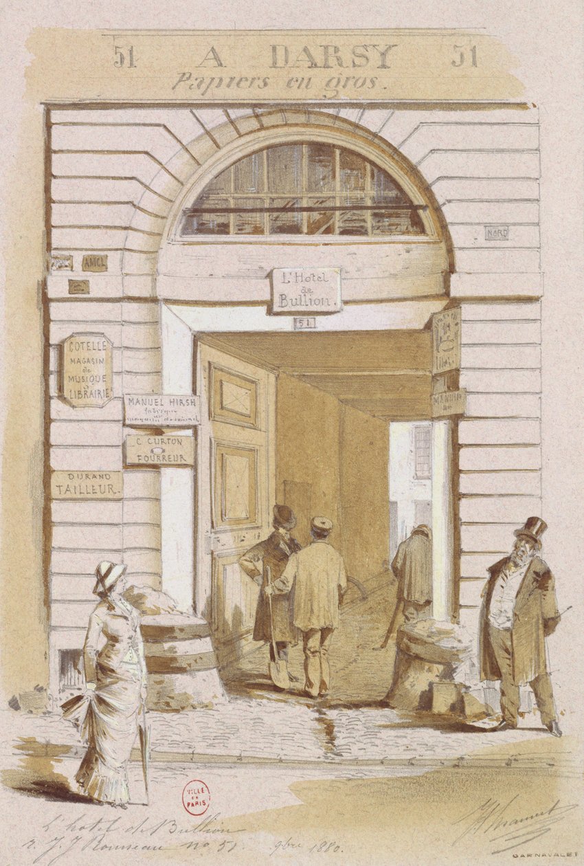 Ingang van het Hotel Bullion, 57 rue Jean-Jacques Rousseau, Parijs, 1880 door French School