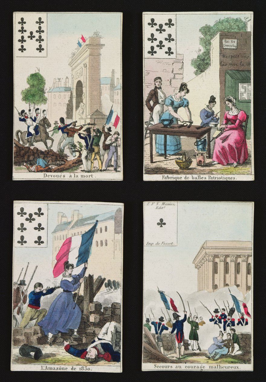 Vier speelkaarten ter herdenking van de helden van juli 1830, 1831 door French School