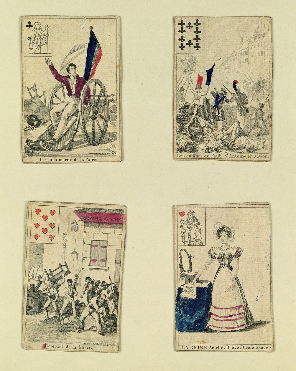 Vier speelkaarten ter herdenking van de helden van juli 1830, 1831 door French School