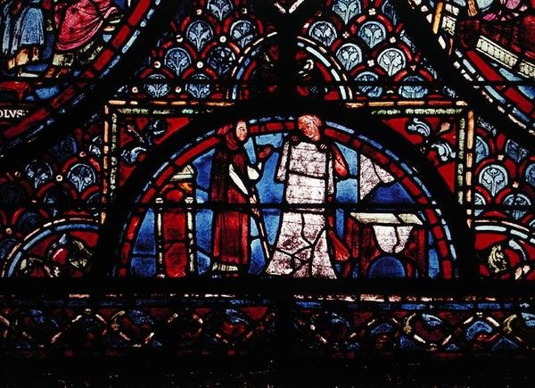 Bontverkopers, detail van een raam met Scènes uit het Leven van Karel de Grote, uit de noordelijke omgang door French School
