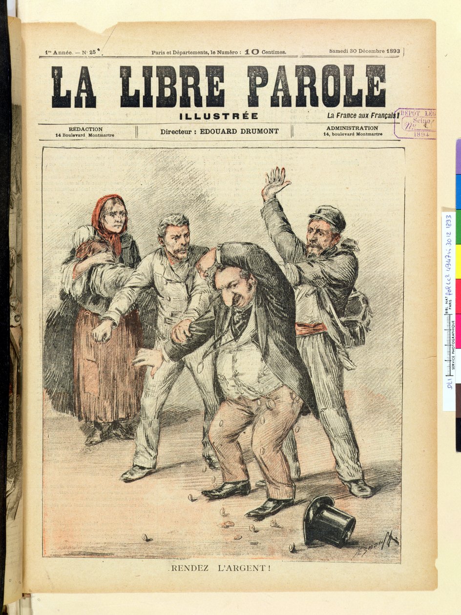 Geef het Geld Terug!, voorpagina van La Libre Parole magazine, 30 december 1893 door French School