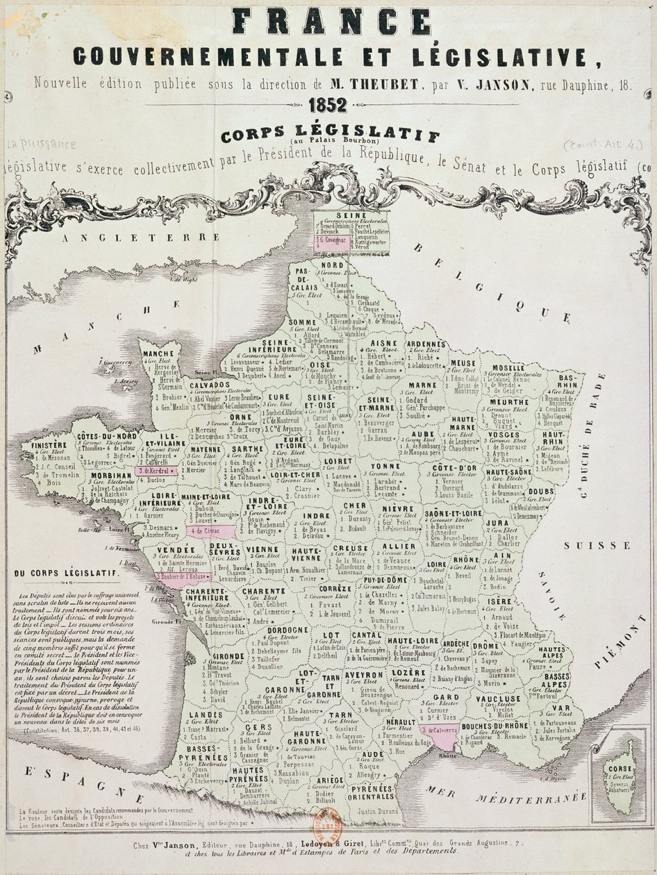 Gouvernementele en Wetgevende Kaart van Frankrijk, gedrukt door Ledoyen und Giret, Parijs, 1852 door French School
