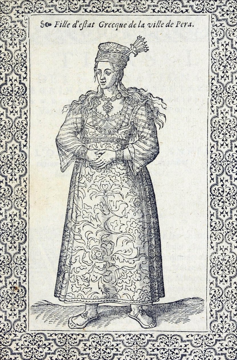 Illustratie van een Grieks meisje uit Pera, uit Les navigations, peregrinations et voyages, faicts en la Turquie, door Nicolas de Nicolay, voor 1576 door French School