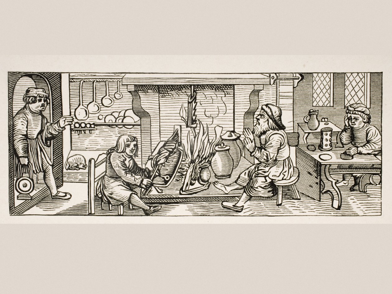 Interieur van een keuken, naar een houtsnede in Calendarium Romanum door Jean Staeffler, gedrukt in Tübingen, Duitsland, 1518, uit Le Moyen Age et La Renaissance door Paul Lacroix (1806-1884) gepubliceerd in 1847 door French School