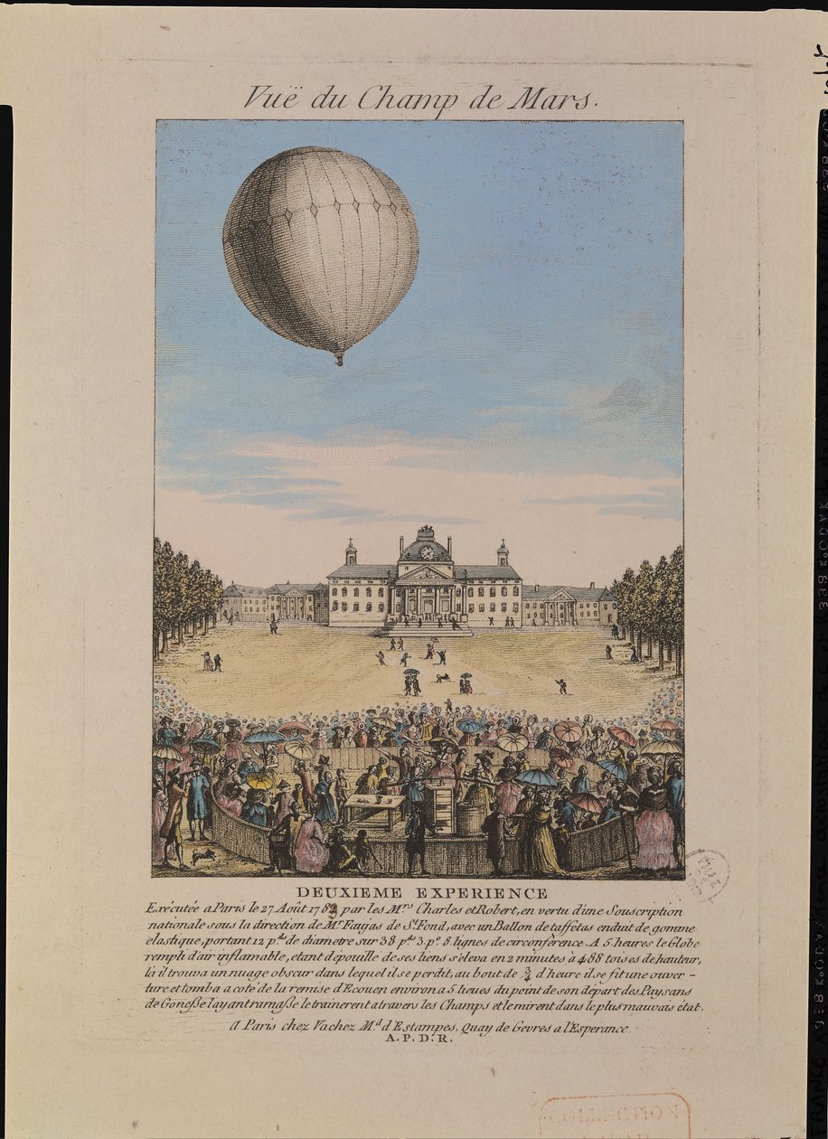 Jacques Alexandre Cesar Charles (1746-1823) en Nicolas Louis Robert (1761-1828) op het Champ de Mars in Parijs, 27 augustus 1783 door French School