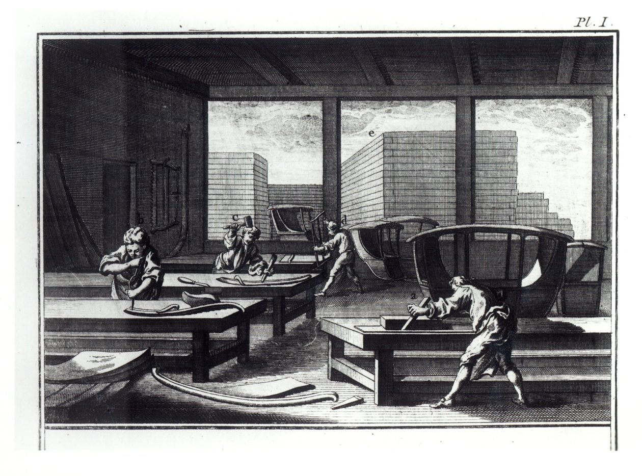 Werkplaats van de timmerman, het maken van koetsen en draagstoelen, uit 