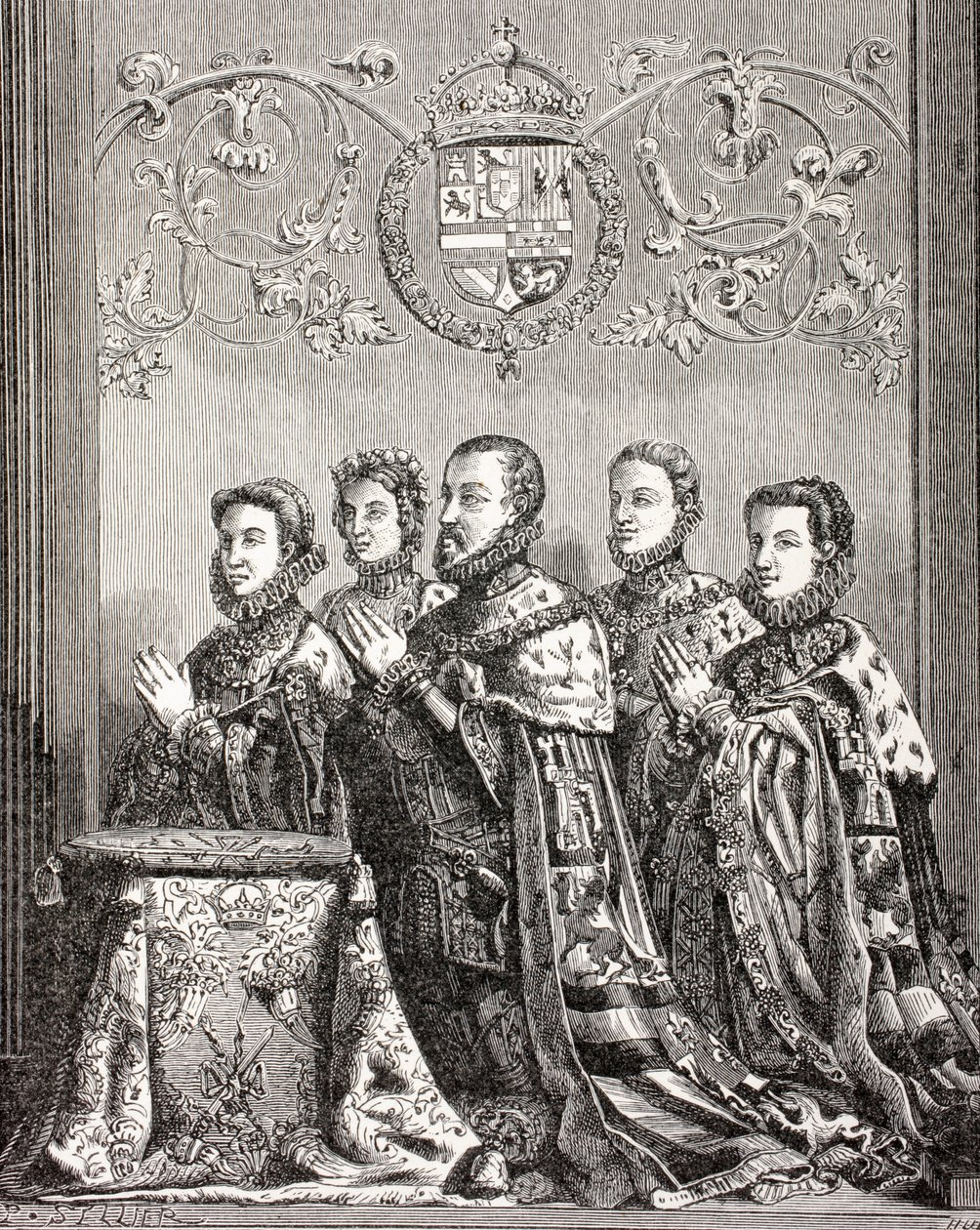 Koning Filips II van Spanje met zijn drie vrouwen, uit 