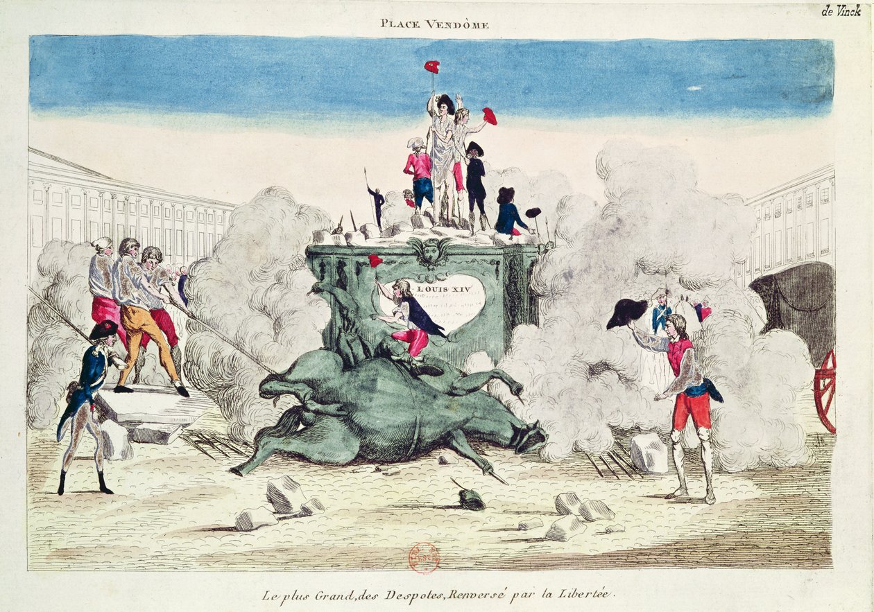 Vrijheid die het standbeeld van de grootste despoot omverwerpt op de Place Vendome op 11 augustus 1792, 1792 door French School