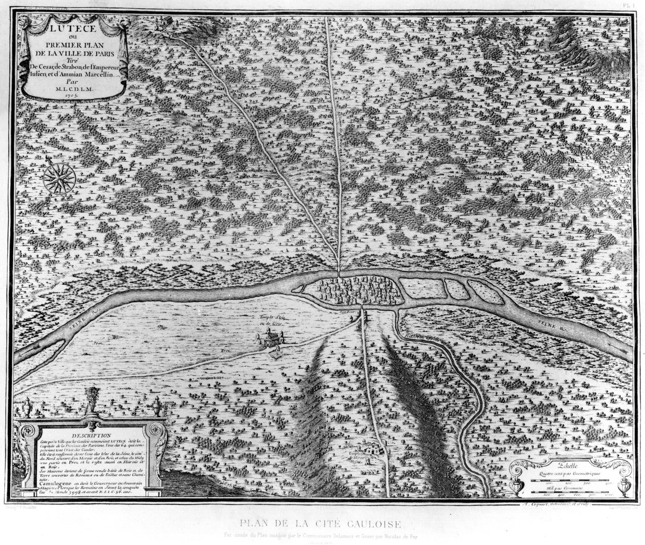 Lutetia of het eerste plan van Parijs, genomen van Caesar, Strabo, keizer Julianus en Ammianus Marcellinus, 1705 door French School