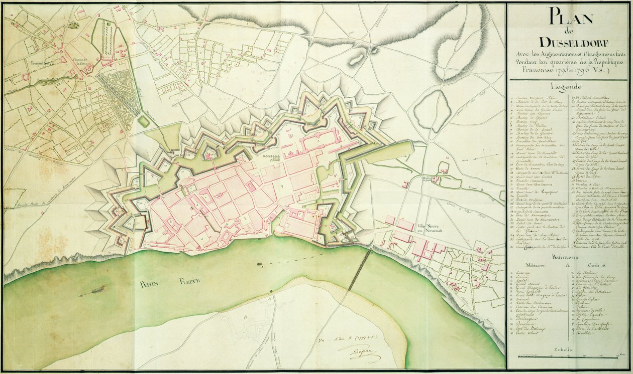 Kaart van Düsseldorf, 1797 door French School