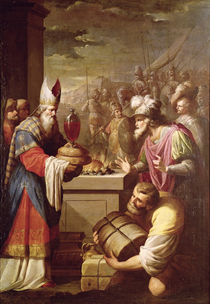 Melchizedek biedt brood en wijn aan door French School