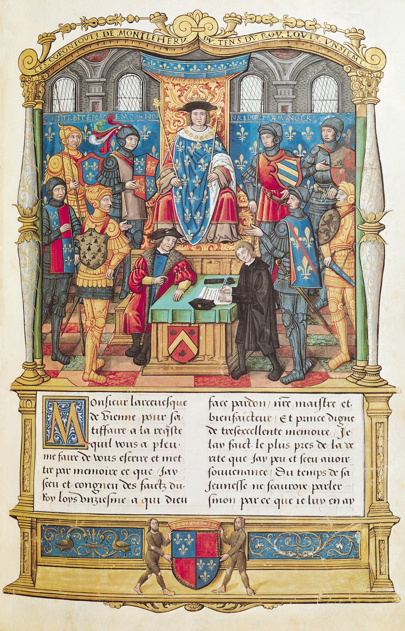 Ms 18 fol 1r Presentatie van de memoires aan Lodewijk XI, uit de memoires van Philippe van Commines door French School