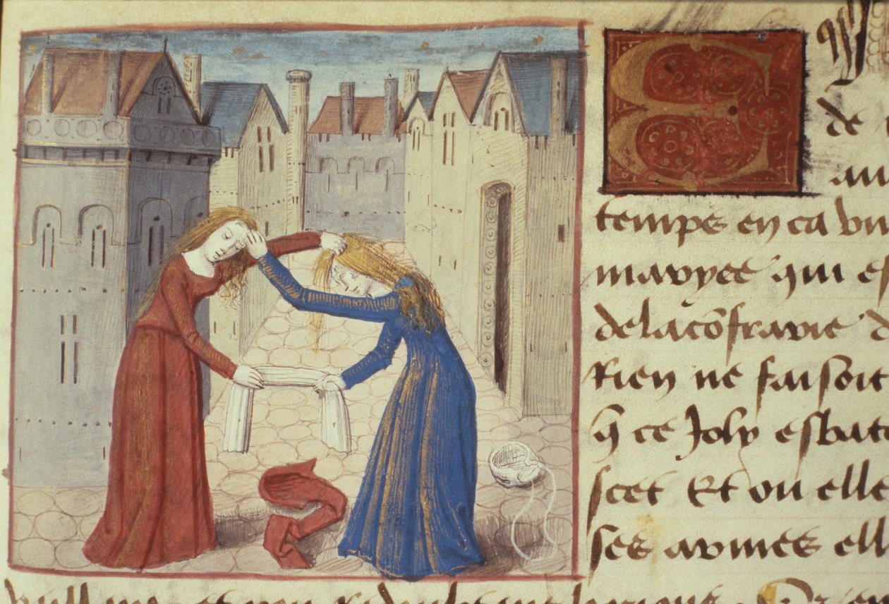 Twee vrouwen vechten, uit Les Cent Nouvelles Nouvelles, 1462 door French School