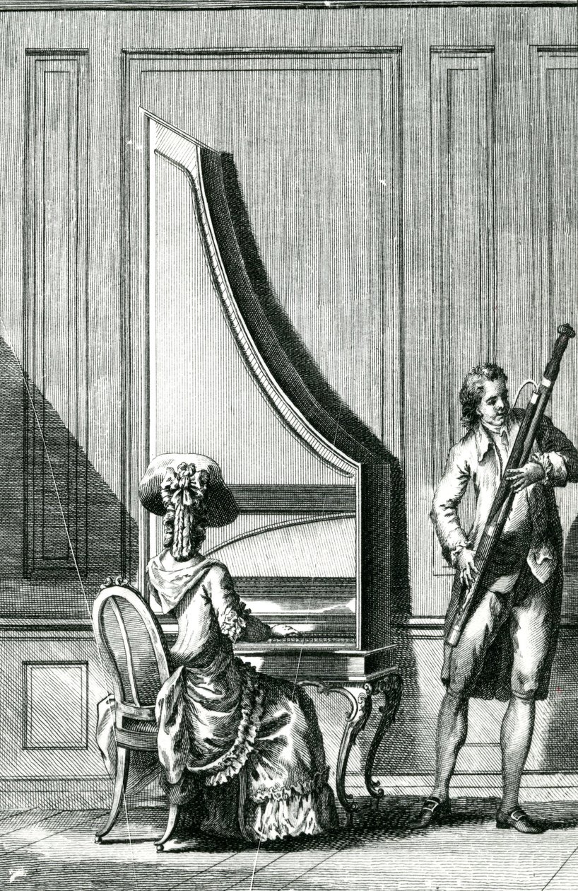 Muzikanten die een staande klavecimbel en een fagot bespelen door French School